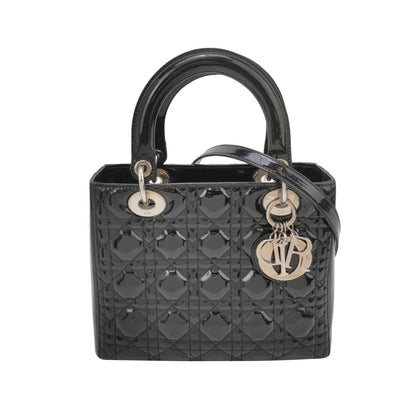 Lady Dior Medium Black Patent Leather Handbag with Silver Hardware Rovelle Bags
