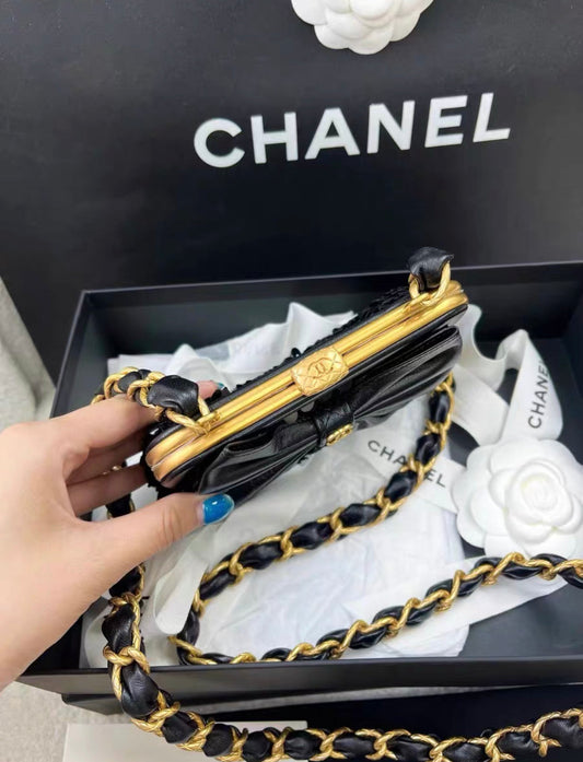 Chanel Metiers D Art 24A Black Sequin Tweed Evening Mini Clutch Bag With Bow Rovelle Bags