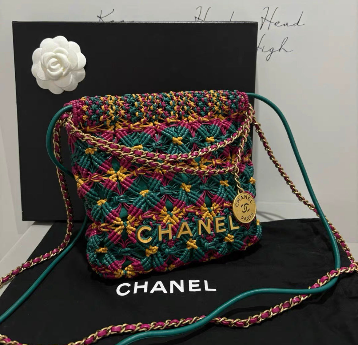 Chanel 23A Mini 22 Bag Multicolor Macrame Calfskin Gold Hardware Rovelle Bags