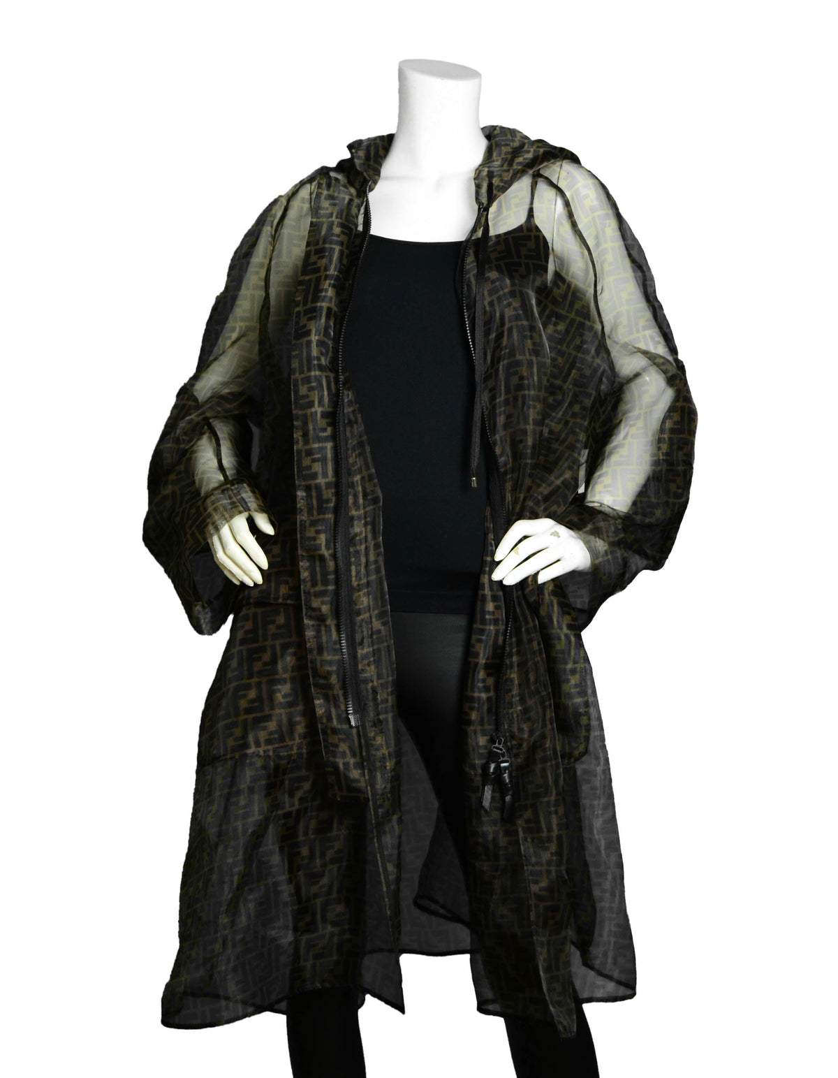 Fendi Oversized Printed Organza Monogram Zucca Brown Parka w/ Hood IT48 Rovelle Bags