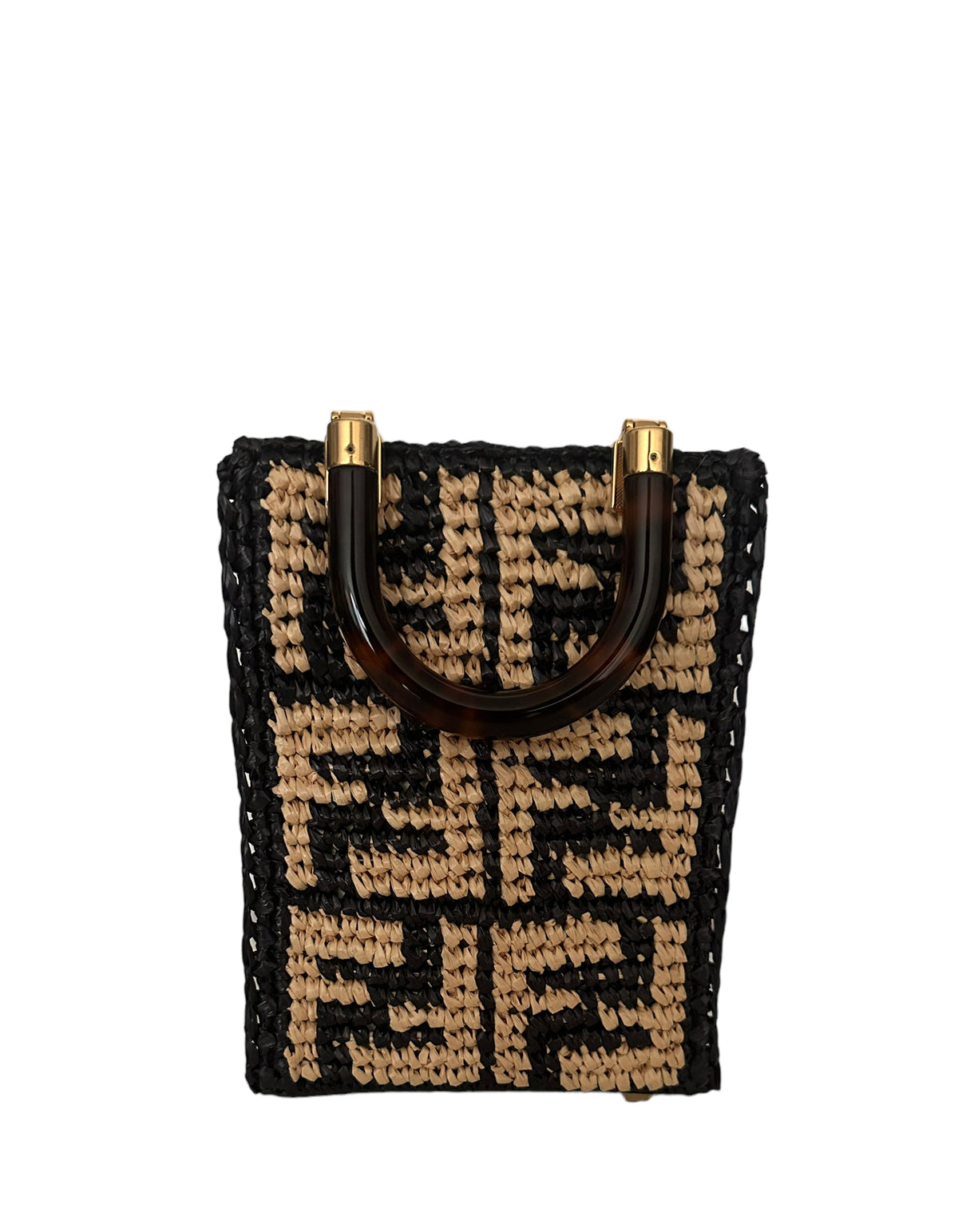 Fendi Monogram Black/Beige Raffia Mini Sunshine Shopper Tote Bag Rovelle Bags