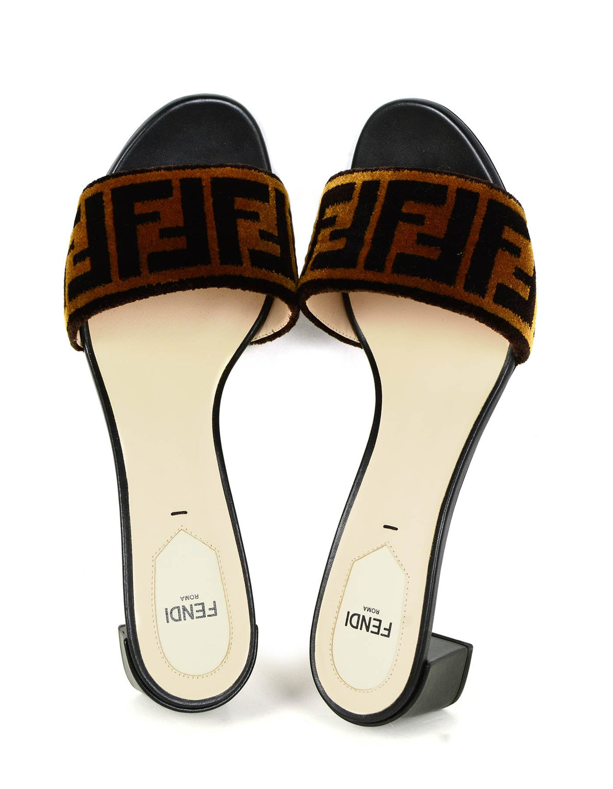 Fendi NEW Logo Print Velvet & Leather Mules sz 39.5 Rovelle Bags