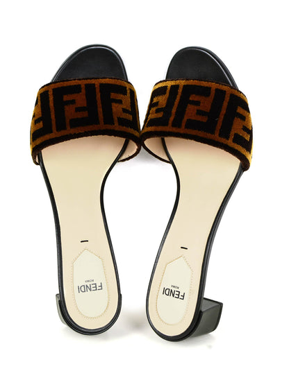 Fendi NEW Logo Print Velvet & Leather Mules sz 39.5 Rovelle Bags