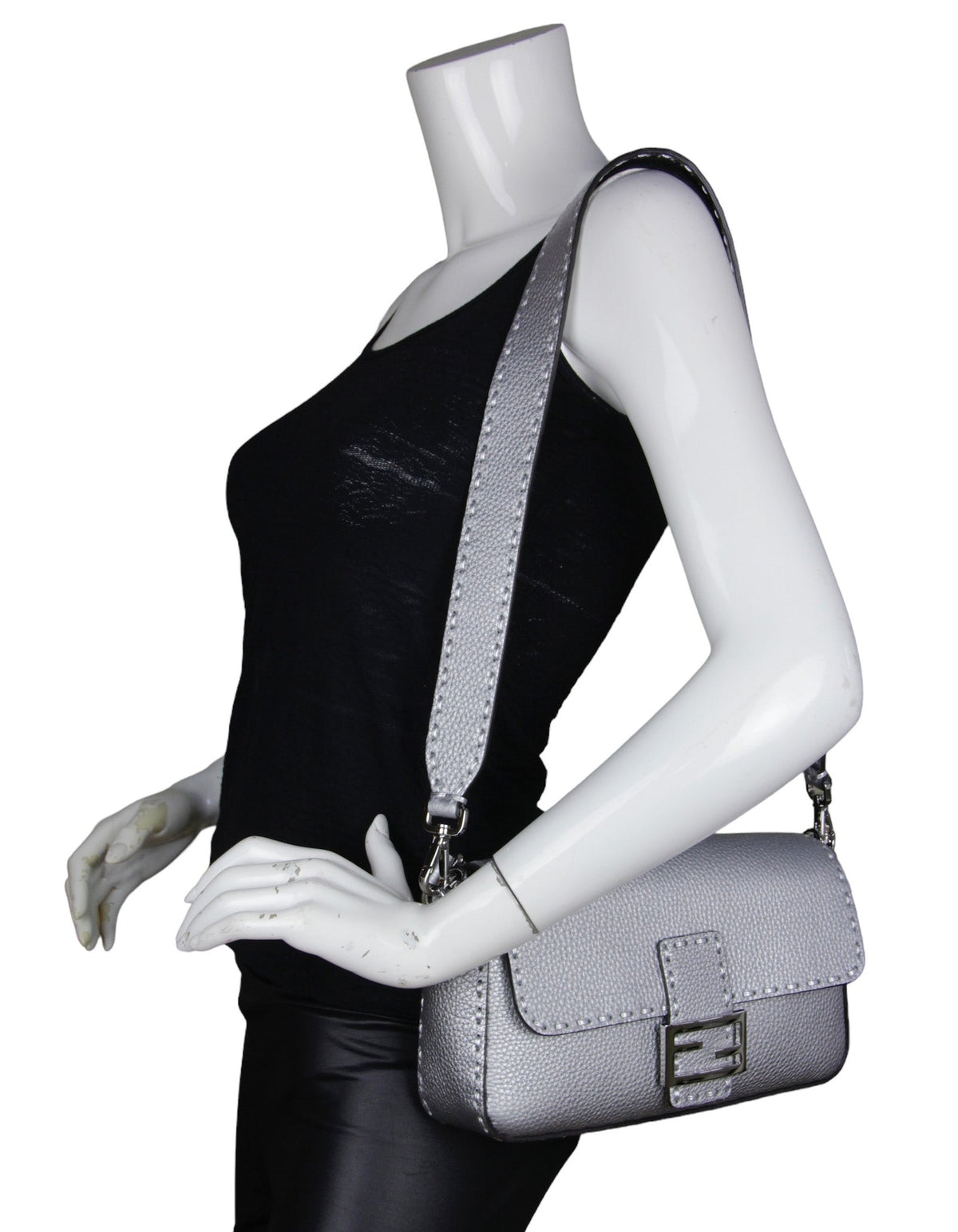 Fendi Silver Selleria Leather Baguette Bag w/ Oversized Topstitching Rovelle Bags