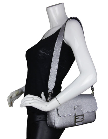 Fendi Silver Selleria Leather Baguette Bag w/ Oversized Topstitching Rovelle Bags
