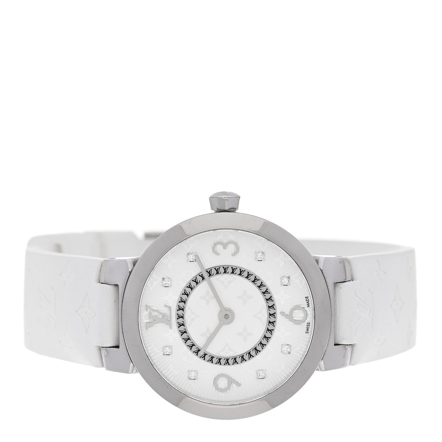 Stainless Steel Rubber Diamond 28mm Tambour Slim Quartz Watch White