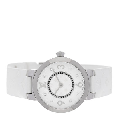 Stainless Steel Rubber Diamond 28mm Tambour Slim Quartz Watch White