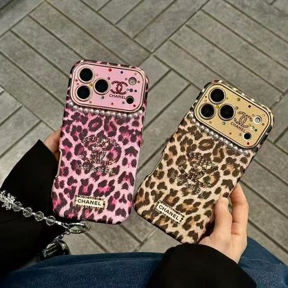 Leopard-print, pearl, and diamond iPhone case