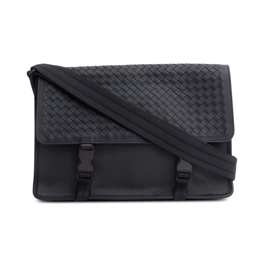 Bottega Veneta  Black Intrecciato Leather Canvas Flap Messenger Bag