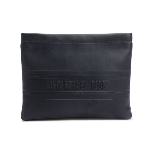 Christian Dior Black calfskin Leather Logo Strip Zip Pouch Rovelle Bags