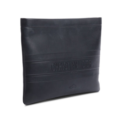 Christian Dior Black calfskin Leather Logo Strip Zip Pouch Rovelle Bags