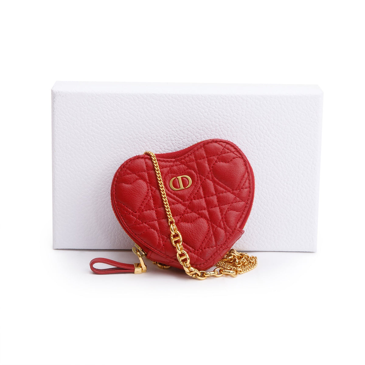 Christian Dior 2023 Red Cannage Calfskin Leather Dioramour Caro Heart Chain Pouch Rovelle Bags