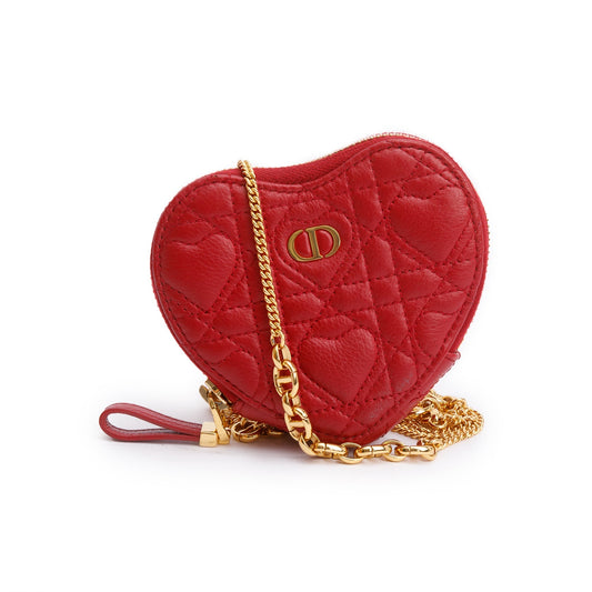 Christian Dior 2023 Red Cannage Calfskin Leather Dioramour Caro Heart Chain Pouch Rovelle Bags