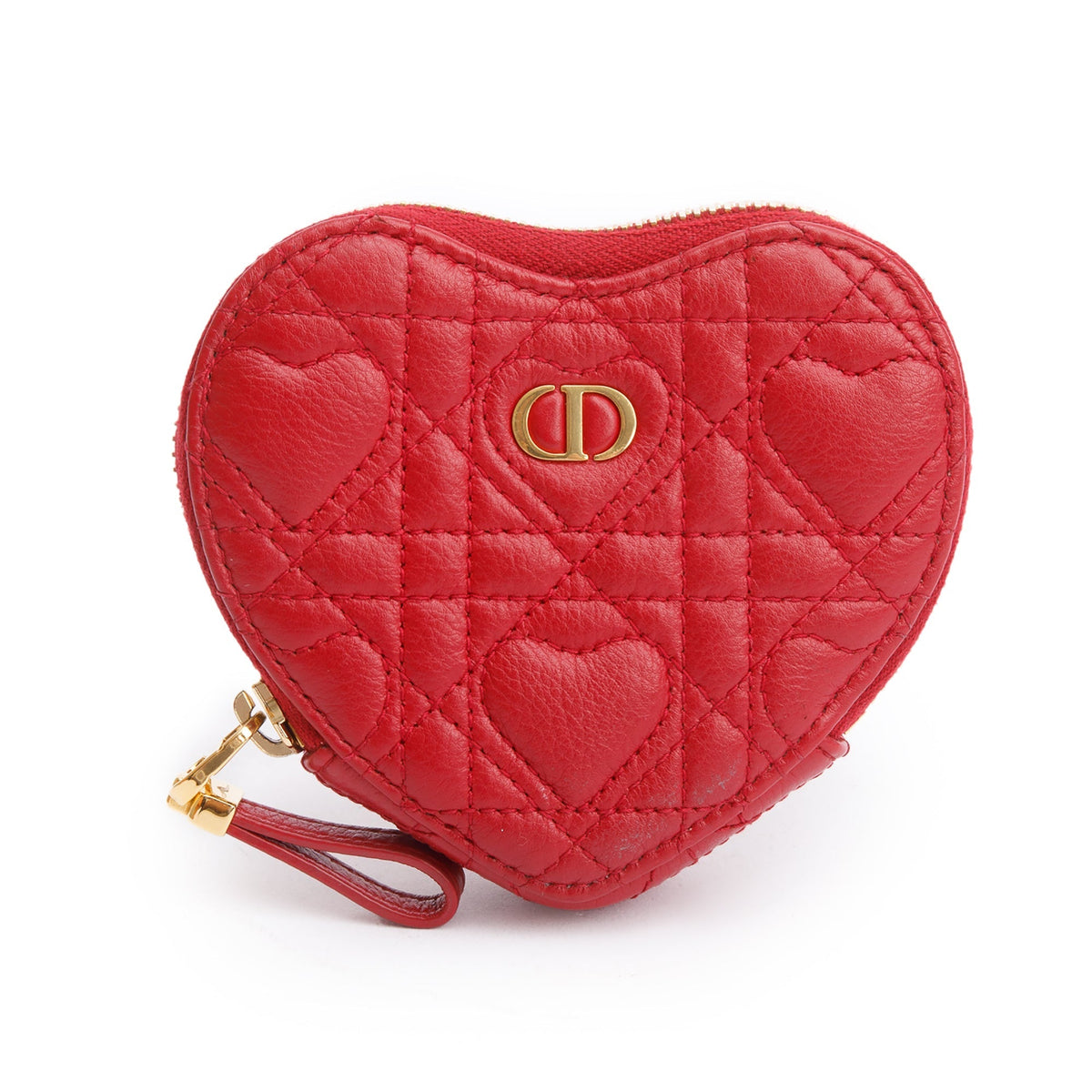 Christian Dior 2023 Red Cannage Calfskin Leather Dioramour Caro Heart Chain Pouch Rovelle Bags