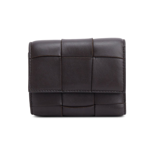 Bottega Veneta Brown Intreccio Nappa Leather Cassette Tri-Fold Zip Wallet