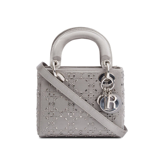 Christian Dior Grey Cannage Satin Crystal Embellished Mini Lady Dior Bag Rovelle Bags