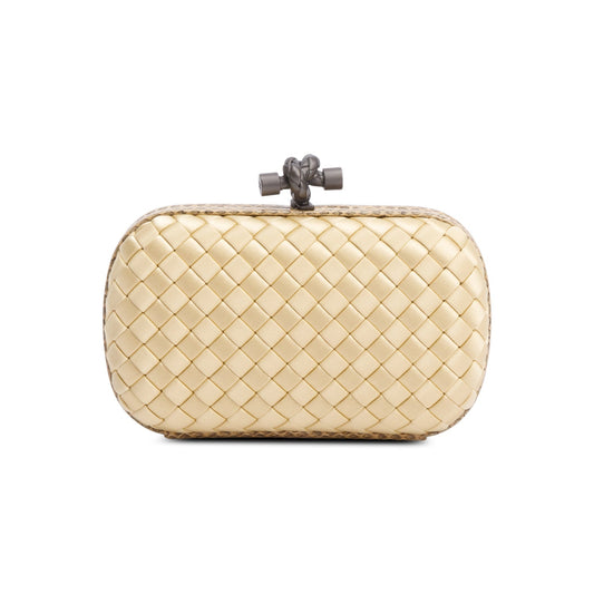 Bottega Veneta Gold Snakeskin-Trimmed Intrecciato Satin Knot Clutch