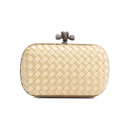 Bottega Veneta Gold Snakeskin-Trimmed Intrecciato Satin Knot Clutch
