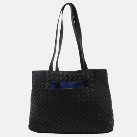 Bottega Veneta Slot Tote Black Intrecciato Leather Blue Suede Interior