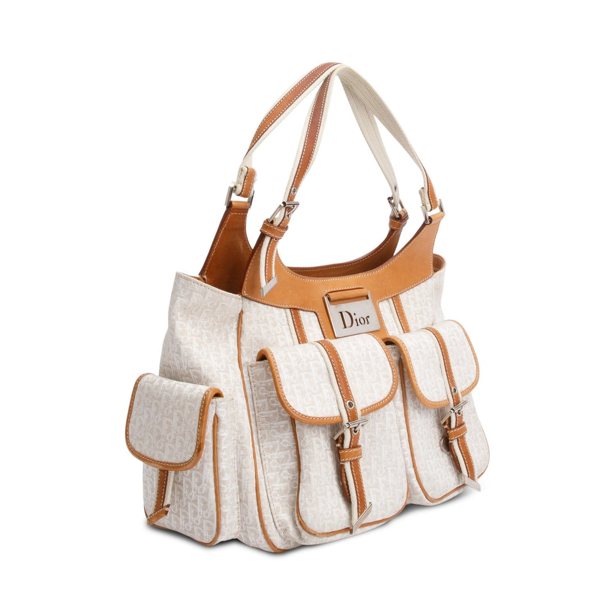 Christian Dior White Diorissimo Tan Leather Multi-Pocket Tote Rovelle Bags