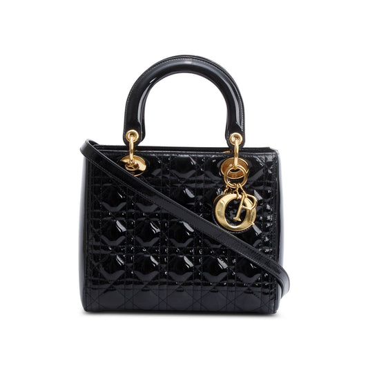 Christian Dior Black Cannage Patent Leather Medium Lady Dior Bag Rovelle Bags