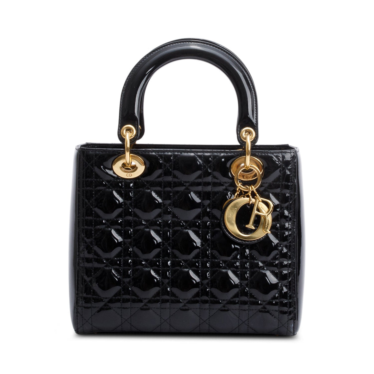 Christian Dior Black Cannage Patent Leather Medium Lady Dior Bag Rovelle Bags