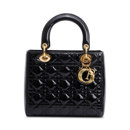 Christian Dior Black Cannage Patent Leather Medium Lady Dior Bag Rovelle Bags