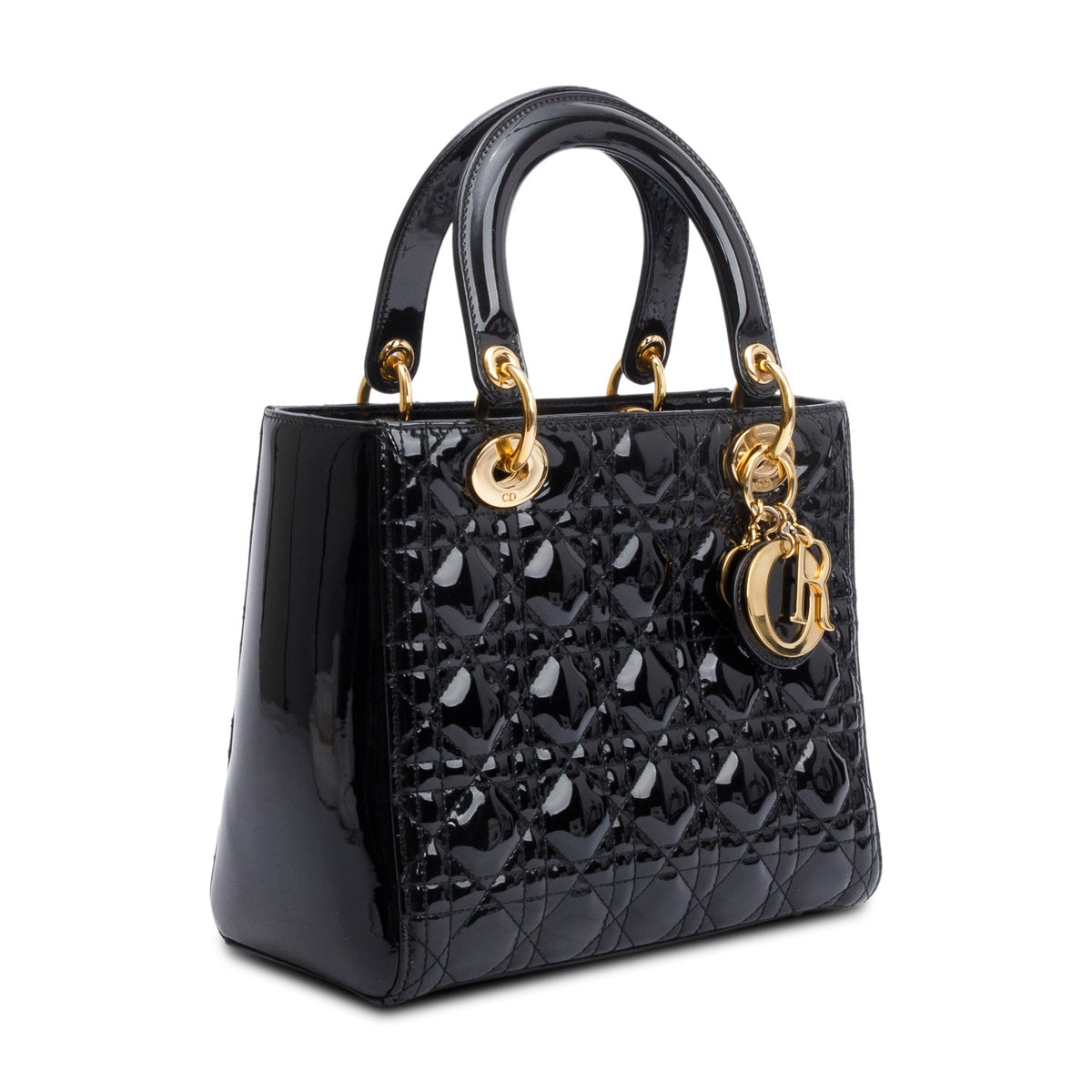 Christian Dior Black Cannage Patent Leather Medium Lady Dior Bag Rovelle Bags