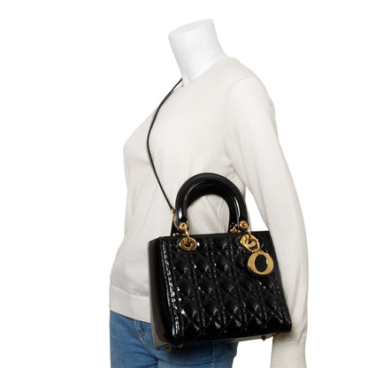 Christian Dior Black Cannage Patent Leather Medium Lady Dior Bag Rovelle Bags