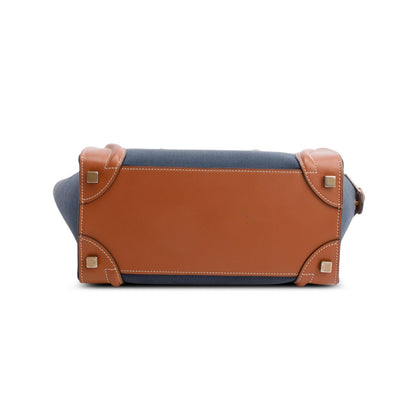 Celine 2020 Tan & Navy Bi-color Calfskin Leather Canvas Micro Luggage Tote