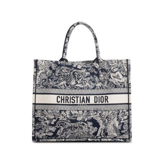 Christian Dior 2022 Large Ecru and Blue Toile de Jouy Embroidery Canvas Book Tote Rovelle Bags