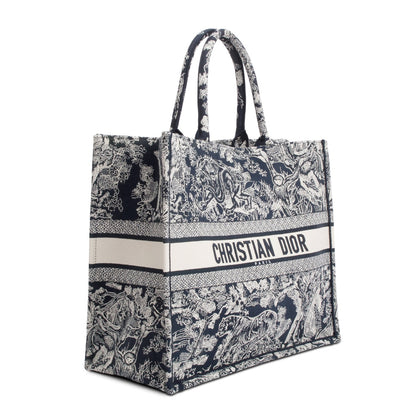 Christian Dior 2022 Large Ecru and Blue Toile de Jouy Embroidery Canvas Book Tote Rovelle Bags