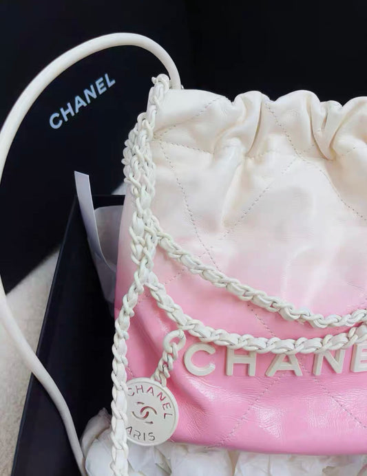24S Chanel 22 Mini Handbag Patent Calf Leather With Gradient And Lacquered Metal White Light Pink Rovelle Bags
