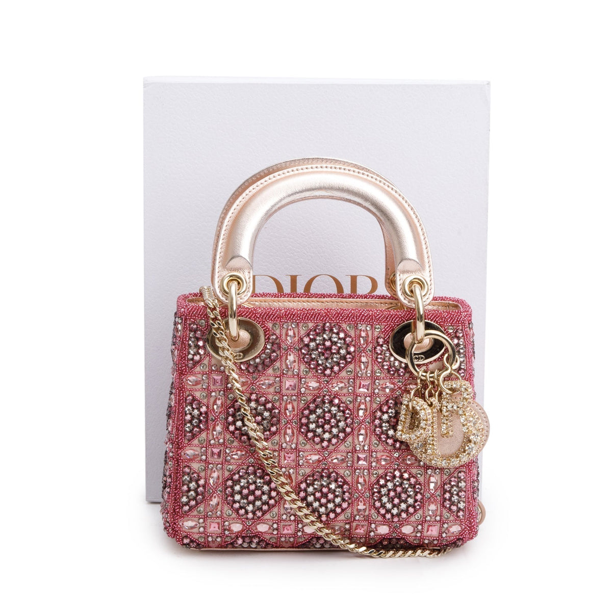 Christian Dior Pink Lambskin & Satin Embroidered Crystal Beads Mini Lady Dior Bag Rovelle Bags