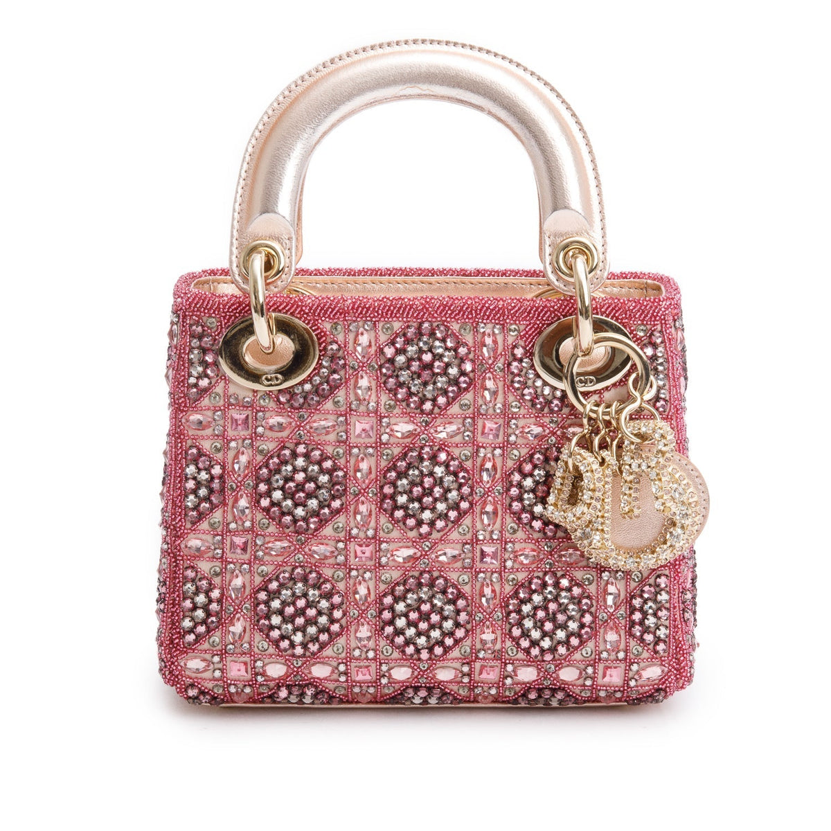 Christian Dior Pink Lambskin & Satin Embroidered Crystal Beads Mini Lady Dior Bag Rovelle Bags