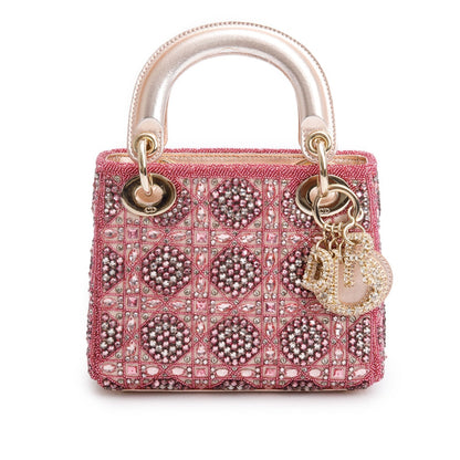 Christian Dior Pink Lambskin & Satin Embroidered Crystal Beads Mini Lady Dior Bag Rovelle Bags