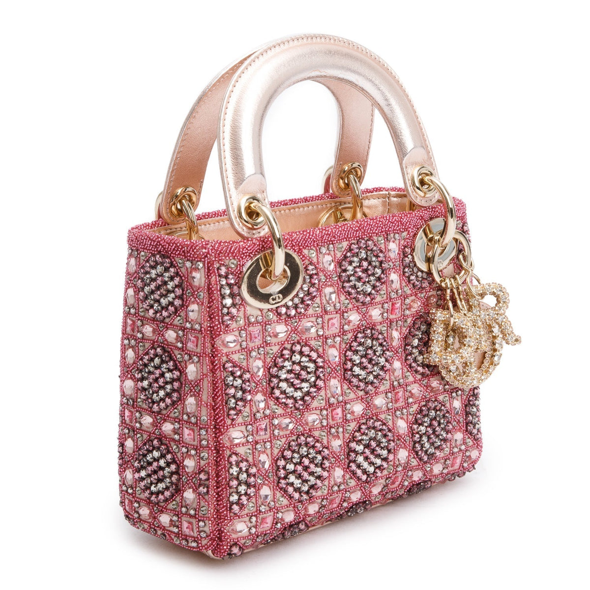 Christian Dior Pink Lambskin & Satin Embroidered Crystal Beads Mini Lady Dior Bag Rovelle Bags