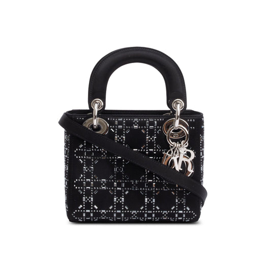 Christian Dior 2020 Black Strass Cannage Satin Mini Lady Dior Bag Rovelle Bags