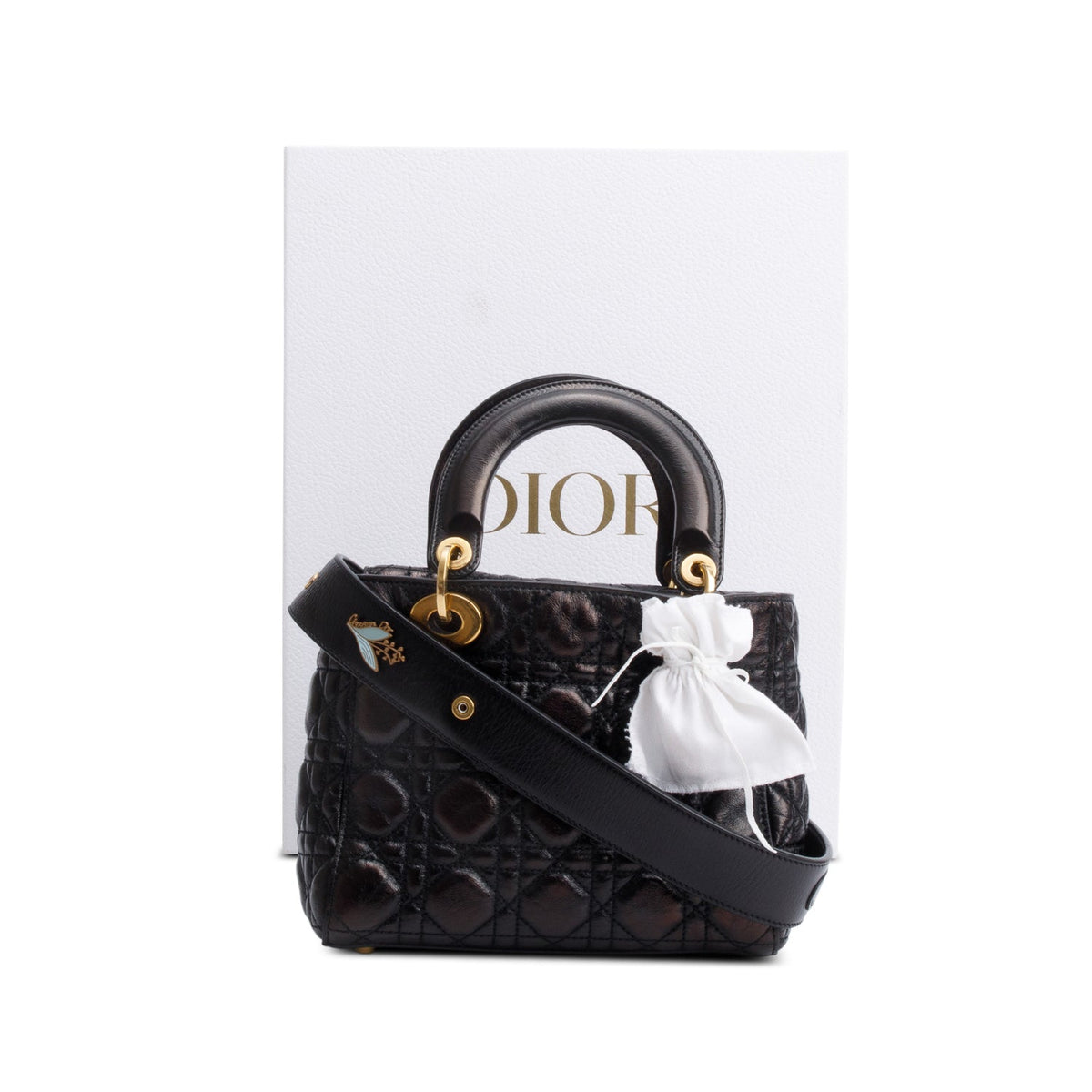 Christian Dior Black Cannage Crinkled Patent Leather Small Lucky Badges Lady Dior Bag Rovelle Bags