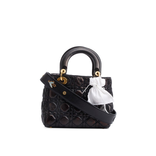 Christian Dior Black Cannage Crinkled Patent Leather Small Lucky Badges Lady Dior Bag Rovelle Bags
