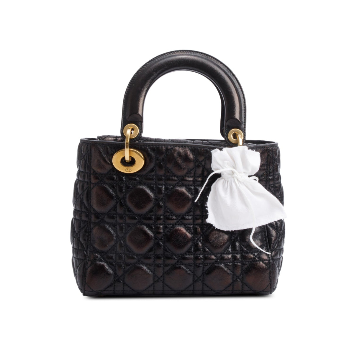 Christian Dior Black Cannage Crinkled Patent Leather Small Lucky Badges Lady Dior Bag Rovelle Bags