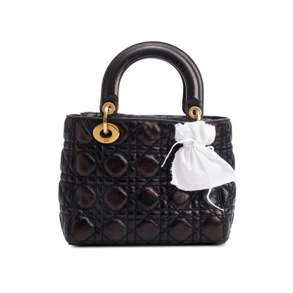 Christian Dior Black Cannage Crinkled Patent Leather Small Lucky Badges Lady Dior Bag Rovelle Bags