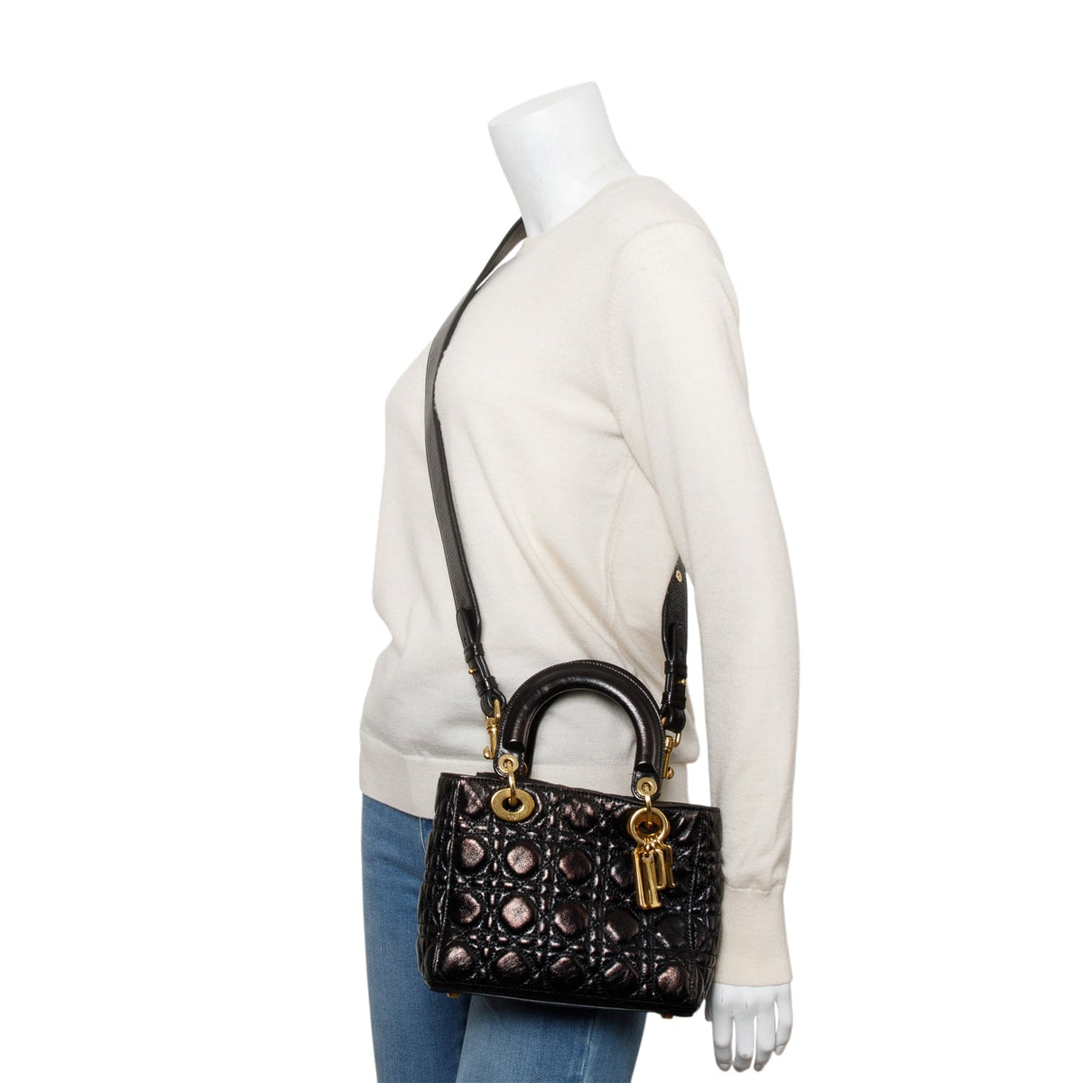 Christian Dior Black Cannage Crinkled Patent Leather Small Lucky Badges Lady Dior Bag Rovelle Bags