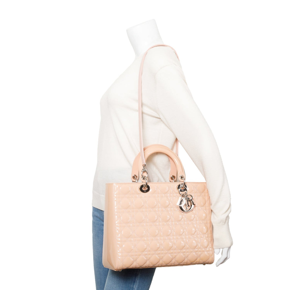 Christian Dior Beige Cannage Patent Leather Large Lady Dior Bag Rovelle Bags