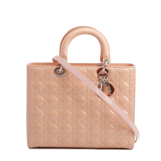 Christian Dior Beige Cannage Patent Leather Large Lady Dior Bag Rovelle Bags