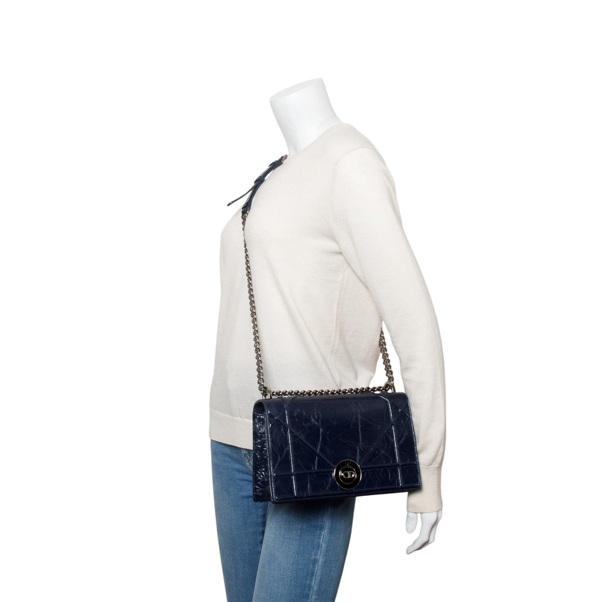 Christian Dior Navy Crinkled Cannage Leather Crystal Embellished Medium Diorama Flap Bag Rovelle Bags