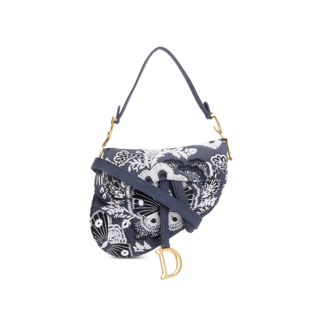 Christian Dior 2023 Blue Denim Embroidered Strass Beaded Butterfly & Flowers Medium Saddle Bag Rovelle Bags