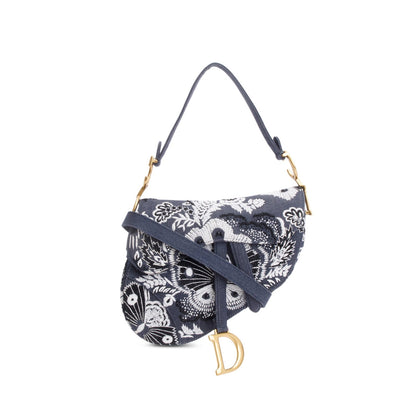Christian Dior 2023 Blue Denim Embroidered Strass Beaded Butterfly & Flowers Medium Saddle Bag Rovelle Bags