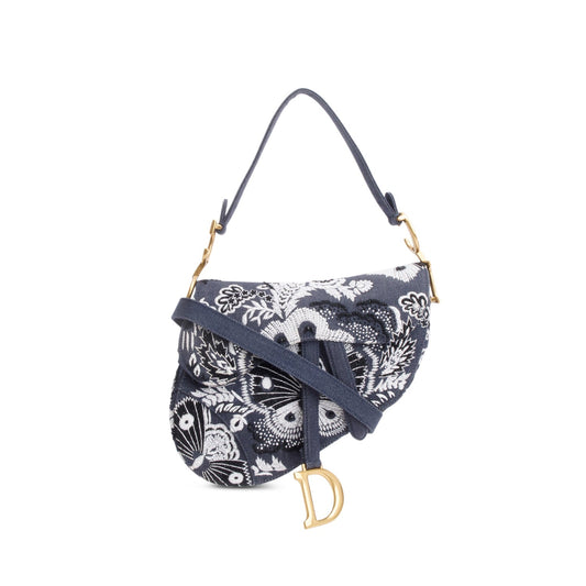 Christian Dior 2023 Blue Denim Embroidered Strass Beaded Butterfly & Flowers Medium Saddle Bag Rovelle Bags