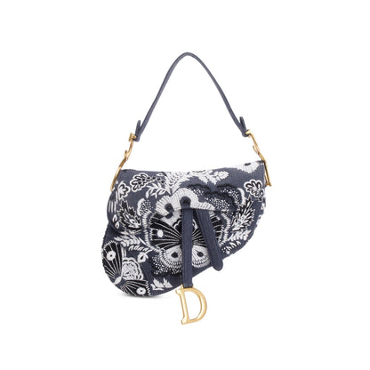 Christian Dior 2023 Blue Denim Embroidered Strass Beaded Butterfly & Flowers Medium Saddle Bag Rovelle Bags